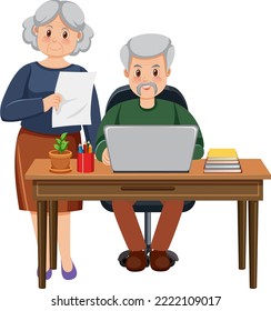 Pareja mayor con ilustración de portátil