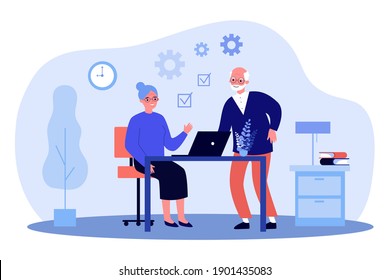 Senior couple using laptop together. Old man and woman learning app. Flat vector illustration. Retirement, communication, technology concept for banner, website design or landing web page