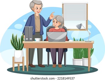 Senior couple using latop illustration