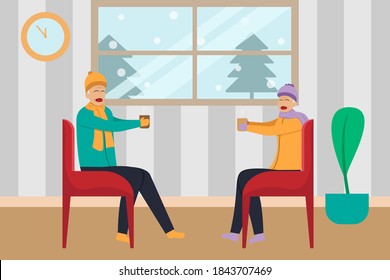 Senior couple vector concept: Senior couple drinking a glass of warm drinks while sitting on the chair together with winter background on the window at home