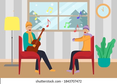 Senior-Paar-Vektorkonzept: Seniorenpaar singen zusammen ein Lied, während sie zu Hause Gitarre mit Winterhintergrund auf dem Fenster spielen