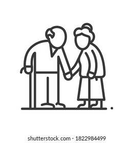 Senior couple - vector line design single isolated icon on white background. High quality black pictogram. Image of retired man and woman with walking cane. Elderly people care, aging process concept - Shutterstock ID 1822984499