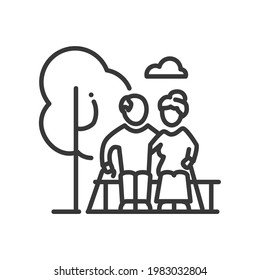 Senior Couple - Vector Line Design Single Isolated Icon On White Background. High Quality Black Pictogram. Image Of A Retired Man And Woman Sitting On A Bench In The Park. Elderly People Care Concept