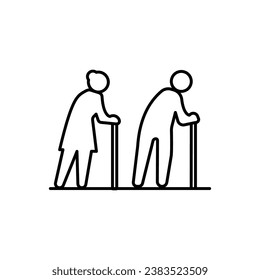 Senior couple - vector line design single isolated icon on white background. High quality black pictogram. Image of retired man and woman with walking cane. Elderly people care, aging process concept