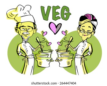 senior couple vegetarian chef cook