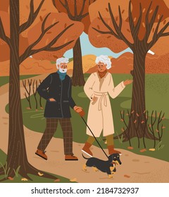 Senior couple walk in autumn park with dog. Old people active lifestyle concept vector poster. Romantic date of couple of senior people