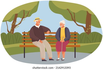 Senior couple walking in city park and sitting on bench. Happy elderly people in love on background of green trees summer day. Aged family romantic weekend, outdoor recreation vector illustration