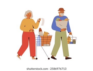 Senior couple walking with groceries after shopping. Elderly man and woman with cart and bags full of fresh food and drinks. Family buy products in supermarket and check expenses. Vector