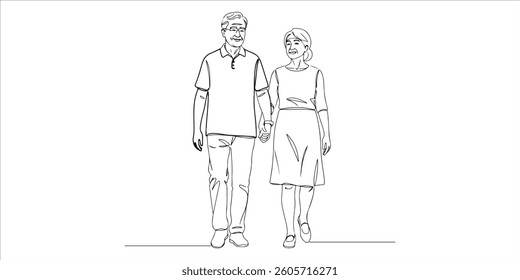 senior couple walking hand in hand continuous single line art drawing sketch on white background