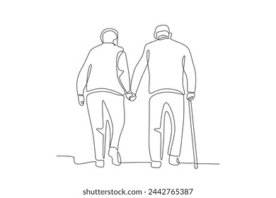 Senior couple walking hand in hand.Seniors Community one-line drawing