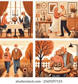 A senior couple walking hand in hand through a beautiful park, enjoying nature and each other. A vibrant vector illustration highlighting love and togetherness in mature years