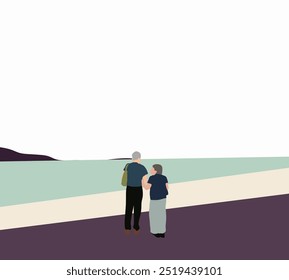 Senior couple walking near sea beach. Travel Vacation Retirement Lifestyle Concept. Enjoying Beautiful moment. Minimal art design.