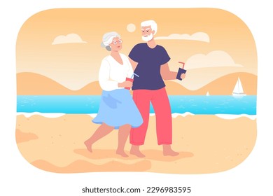 Senior couple walking on beach vector illustration. Happy elderly man and woman traveling, holding hands and enjoying drinks together. Summer, senior life, family concept