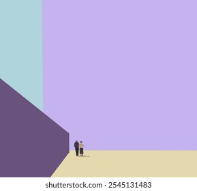 Senior couple walking on street minimal modern art architecture building. Active lifestyle, outdoor leisure activity.