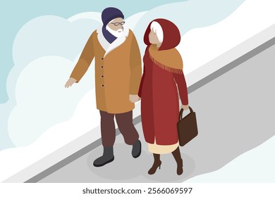 Senior couple walking on winter street. Retired lifestyle concept. Vector isometric illustration on abstract background