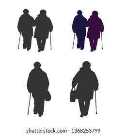 Senior couple walking silhouette on a white background. Vector illustration.