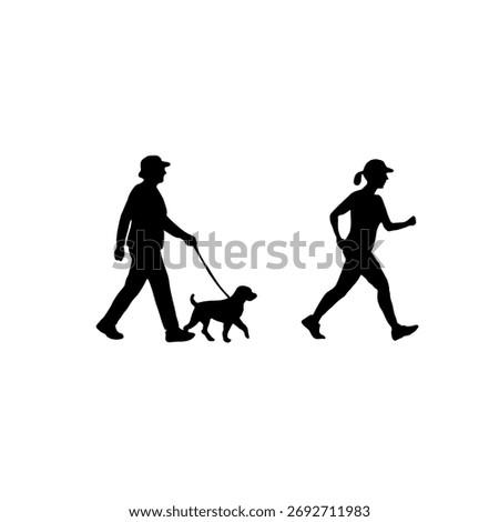 Senior couple walking silhouette vector. Elderly people walking together illustration. Active senior lifestyle silhouette. Healthy aging couple walking outdoors. Mature adults daily exercise vector.