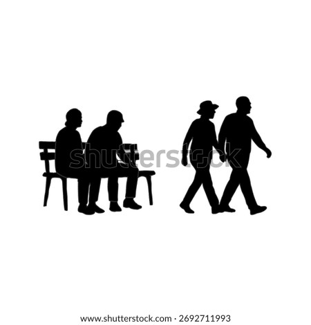 Senior couple walking silhouette vector. Elderly people walking together illustration. Active senior lifestyle silhouette. Healthy aging couple walking outdoors. Mature adults daily exercise vector.