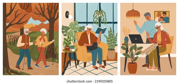 Senior Couple Walking With Sticks In Autumn Park. Old Woman Sit In Chair And Read A Book. Grandparents Talk With Their Kids On Video Call. Retirement Life Concept Vector Posters Set