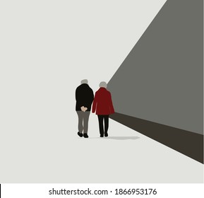 Senior couple walking together in the street. Wonderful day for a walk. Elderly couple outdoors, concept for old age, social issues, retired and limping man