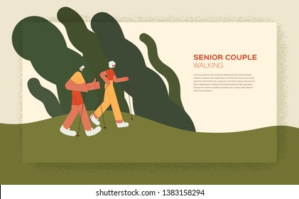 Senior couple walking with trekking poles in the park - Old people activities - flat design best for web animation