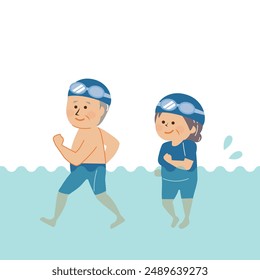 Senior couple walking underwater illustration