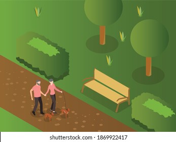 Senior couple walks the dog at park isometric 3d vector concept for banner, website, illustration, landing page, flyer, etc.