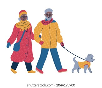 .senior Couple In Warm Winter Coats And Hats Walking A Dog On A Leash. Cozy Winter Scene. Flat Isolated Vector Illustration.