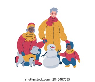 Senior couple in warm winter coats with a dog and a child building a snowman. Spending time together as a family. Cozy winter lifestyle scene. Flat isolated vector illustration.