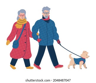 .Senior Couple In Warm Winter Coats And Hats Walking A Dog On A Leash. Cozy Winter Scene. Flat Isolated Vector Illustration.