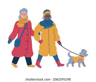 Senior Couple In Warm Winter Coats And Hats Walking A Dog On A Leash. Cozy Winter Scene. Flat Isolated Vector Illustration.