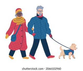 .Senior Couple In Warm Winter Coats And Hats Walking A Dog On A Leash. Cozy Winter Scene. Flat Isolated Vector Illustration.