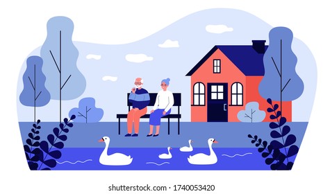 Senior couple watching swans on pond. Relaxing outdoors, country house, relationship flat vector illustration. Leisure, retirement, old age concept for banner, website design or landing web page