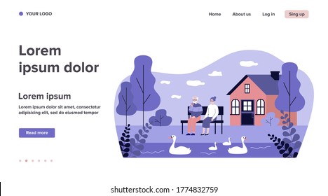 Senior couple watching swans on pond. Relaxing outdoors, country house, relationship flat vector illustration. Leisure, retirement, old age concept for banner, website design or landing web page