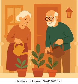 Senior Couple Watering Potted Plants Indoors with Tenderness