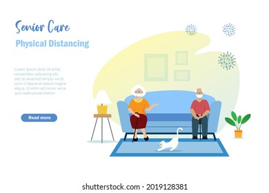 Senior couple wearing face mask physical distancing on sofa at house. Self home isolation, quarantine, stay home and health care for elderly people during covid-19 pandemic.