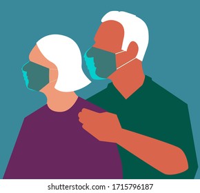 Senior couple wearing protective face masks during a pandemic, EPS 8 vector illustration, no transparencies 
