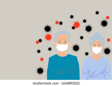 A senior couple are wearing protective mask to avoiding CORONA virus, a large family of viruses, which include severe acute respiratory syndrome (SARS) and Middle East respiratory syndrome (MERS)