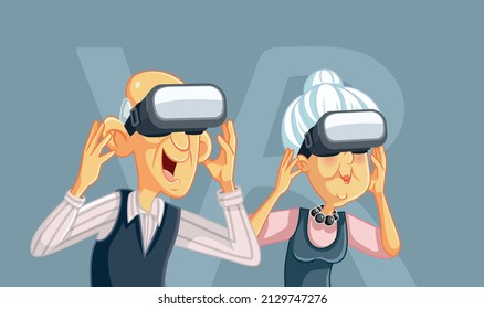 
Senior Couple Wearing VR Glasses Vector Illustration. Elderly people entering virtual simulation having fun playing around
