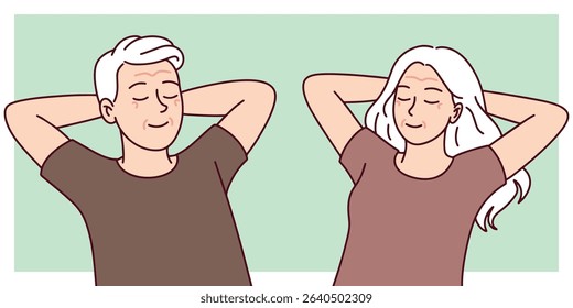 Senior couple with white hair lie side by side on grass with hands behind head. Symbol of healthy aging, emotional connection, and peaceful retirement