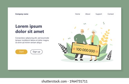 Senior couple winning lottery. Old man and woman holding bank check flat vector illustration. Money prize, retirement, luck concept for banner, website design or landing web page