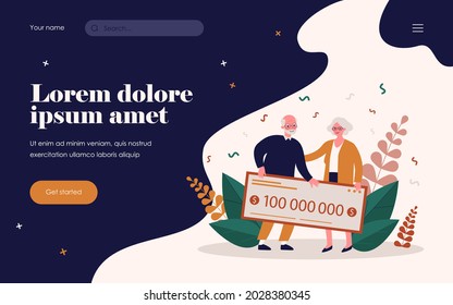 Senior couple winning lottery. Old man and woman holding bank check flat vector illustration. Money prize, retirement, luck concept for banner, website design or landing web page