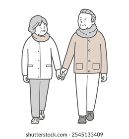 Senior couple in winter clothes walking holding hands