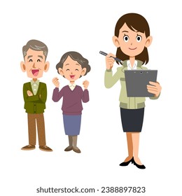 A senior couple and a woman in work clothes holding a binder and pen