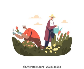 Senior couple work in garden growing and planting flowers. Older man and woman farming on retirement. Retired hobby and lifestyle concept. Cartoon flat vector illustration