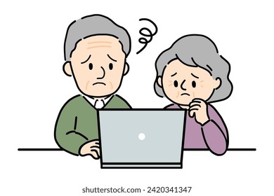 A senior couple worries while operating a computer.