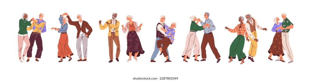 Senior couples dance, elderly people romantic loving relations concept. Happy old men and women embracing, holding hands while dancing. Adult characters dating, love. Grandmother and grandfather