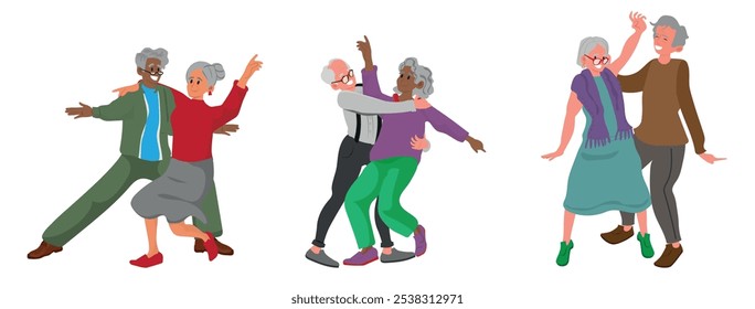 Parejas mayores bailan, Personas mayores Concepto de relaciones amorosas románticas. Hombres y mujeres viejos felices que abrazan, que sostienen las manos mientras que bailan. Viejos Personajes De Citas, Amor. Ilustración vectorial de Personas de dibujos animados.