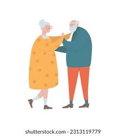 Parejas mayores bailando. Concepto de Relaciones Románticas con Personas Mayores. Felices ancianas sosteniendo manos y abrazando mientras bailan. Caracteres antiguos Citas, Isolación de la ilustración plana del vector dibujada a mano.