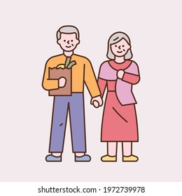 Senior couples are holding hands and shopping. flat design style minimal vector illustration.